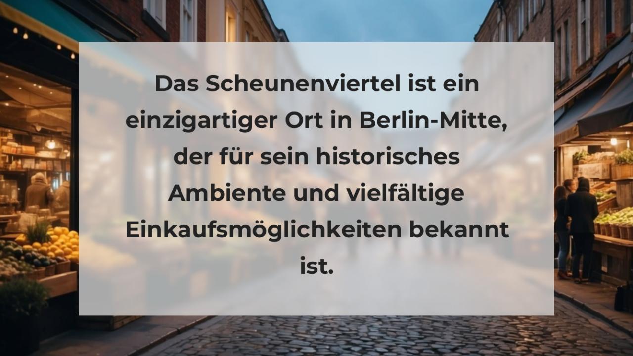 Das Scheunenviertel ist ein einzigartiger Ort in Berlin-Mitte, der für sein historisches Ambiente und vielfältige Einkaufsmöglichkeiten bekannt ist.